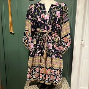 Navy Floral Long Sleeve Dress with Tie